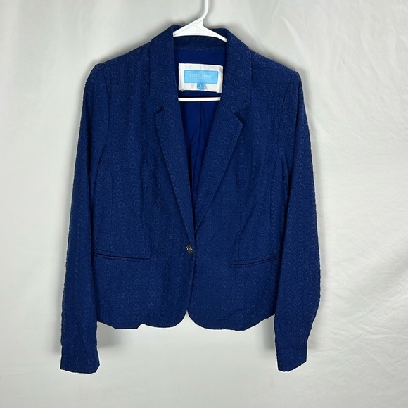 Draper James Eyelet Textured Notch Lapel Cotton Blazer Blue -Size Small - Picture 2 of 9